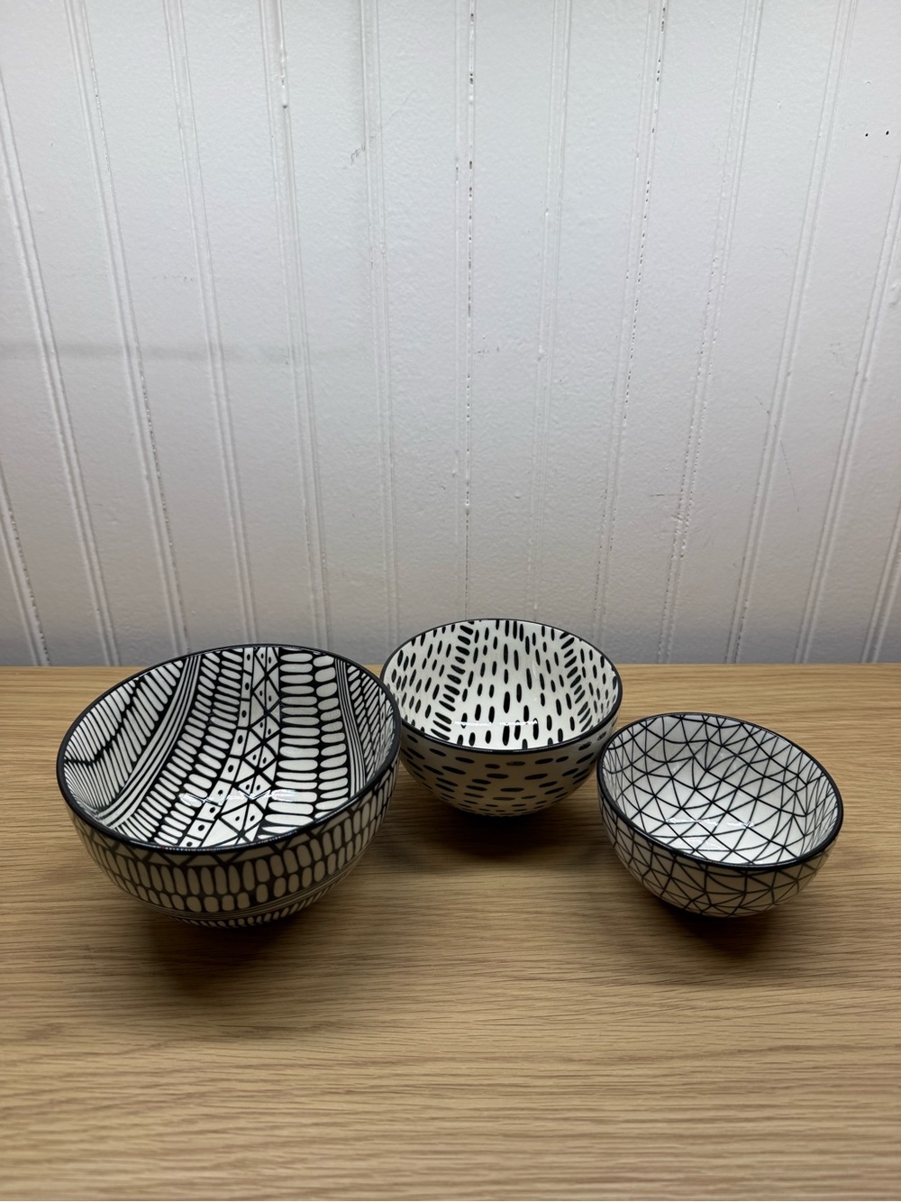 Black & White Patterned Ceramic Small Serving Bowls - Set of 3